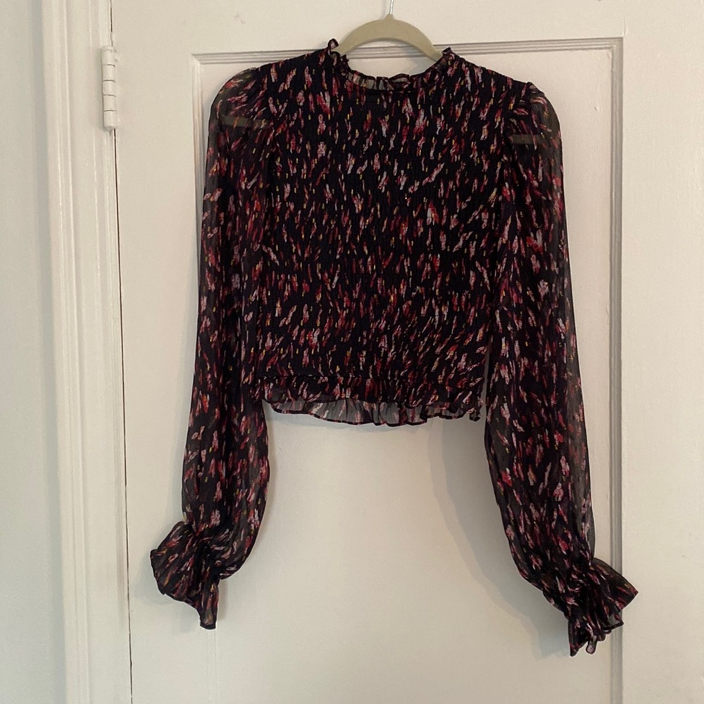 Pookie & Sebastian smocked blouse with puff sleeve. Multi colored. Size medium